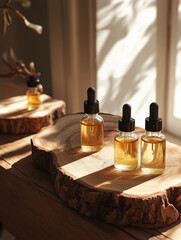 Amber glass dropper bottles arranged on a wooden surface, illuminated by warm golden light