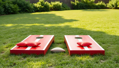 Red and white cornhole board with bean bags on lawn in summer, leisure game activity , with white tonespng
