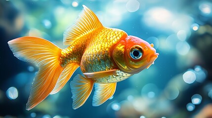 Obraz premium A goldfish swimming in an aquarium with bubbles in the background