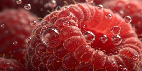 Close-up view of fresh raspberries submerged in sparkling water with bubbles enhancing their texture