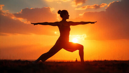Silhouette of a person in warrior pose during sunset, exuding serenity and balance in nature.