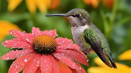 Fototapeta premium A hummingbird perched on a red flower with water droplets