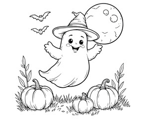 Funny Ghost with Witch Hat coloring page