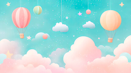Background in pastel colors for children with clouds and hot-air balloons