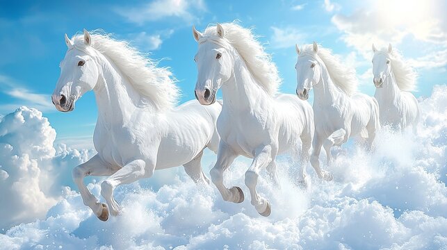 A group of white horses running through the clouds