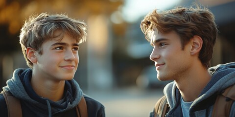 Friendly conversation between two teenagers urban portrait daylight