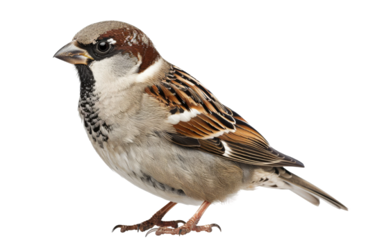 Stunning house sparrow with delicate features and soft brown and gray feathers isolated on transparent background