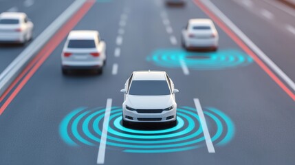 A self-driving car navigates a smart highway, utilizing advanced sensors and technology for safe, autonomous driving.