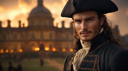 A man in a cocked hat standing in front of a large building