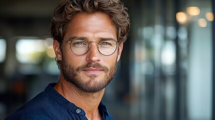 Obraz premium A man with curly hair and glasses looking at the camera