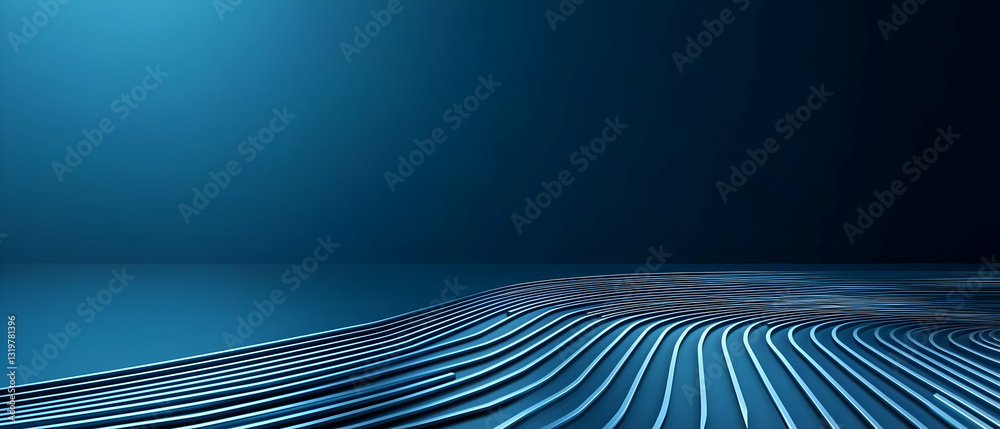 Poster abstract blue wavy grid pattern with illuminated lines on dark background 3d render