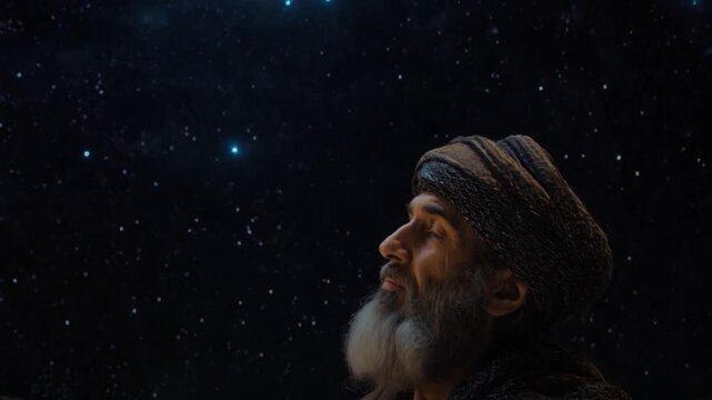 Abraham looking up at the night sky, stars shining brightly, as God promises him descendants as numerous as the stars.