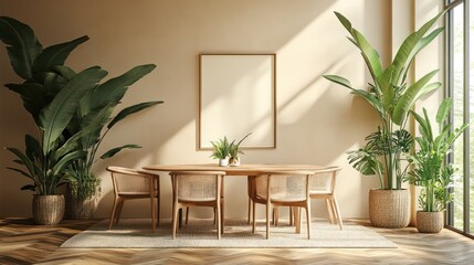 Beige dining room with plants and blank art