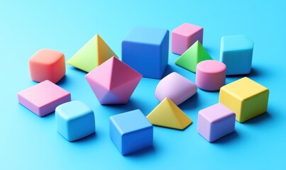 Obraz premium Colorful pastel geometric shapes scattered on blue background.