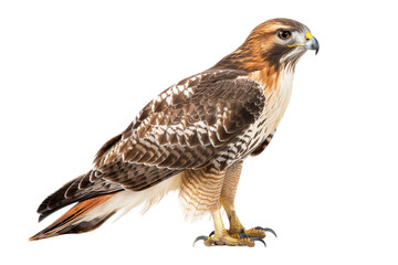 Obraz premium Close-up of a beautiful red-tailed hawk with sharp features and intense yellow eyes isolated on transparent background