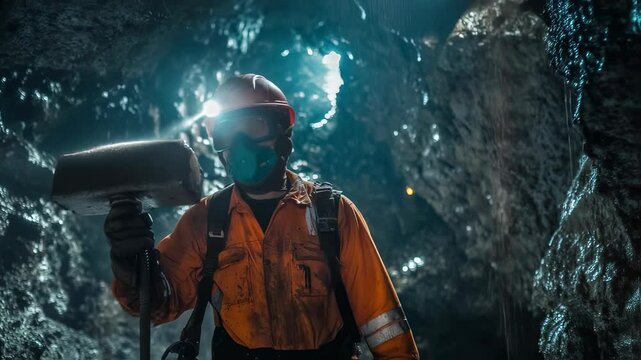 Miner with hammer in coal mine. Underground worker in safety gear holding tool. Industrial industry mining job footage. Professional coal extraction clip.