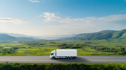 White Delivery Truck Driving On Asphalt Road Through Lush Green Valley With Mountain Range Backdrop Under Sunny Blue Sky