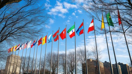 Flags displayed for an event on a city street against a blue sky background in early spring