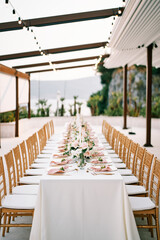 Long festive table with bouquets of flowers under a canopy in the garden, surrounded by soft wicker chairs