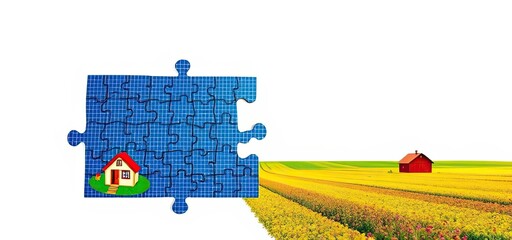 Naklejka premium Sustainable Home Energy Solar Panel Puzzle Rural Landscape