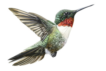 Obraz premium Vibrant ruby-throated hummingbird with emerald green feathers and red throat hovering gracefully near a bloom isolated on transparent background