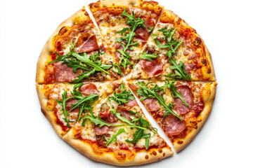 A gourmet pizza with arugula, prosciutto, and mozzarella isolated on a clean white background
