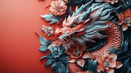 A red dragon surrounded by flowers on a red background