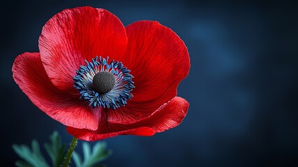 A single red flower with a blue center on a dark background