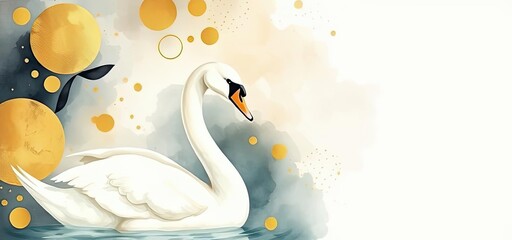 Obraz premium Elegant White Swan in Abstract Gold Watercolor Background