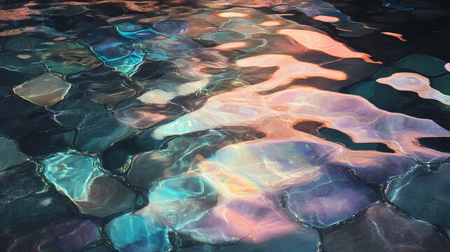 Shimmering water reflects iridescent hues on a polished stone floor, shimmering, reflective, polish. Opalescent Hues. Illustration