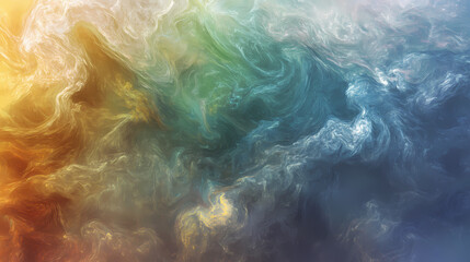 Obraz premium Vibrant iridescent hues swirl amidst misty clouds, creating celestial scene. Opalescent Hues. Illustration