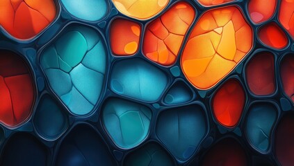 Abstract colorful digital art with fluid organic shapes in shades of blue red and orange featuring a futuristic textured pattern resembling cellular structure