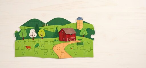 Fototapeta premium Farm Scene Wooden Puzzle Kids Jigsaw Rural Landscape Countryside Barn Trees Sheep