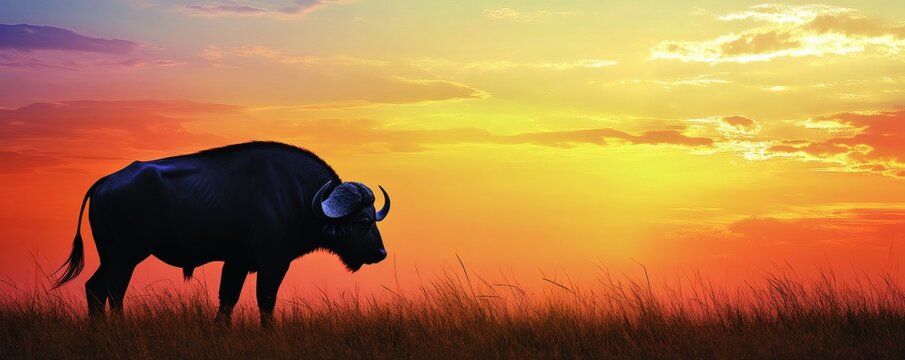 A buffalo silhouette standing in a grassy field during sunset