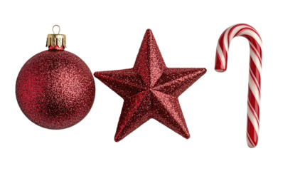 Decorative christmas ornaments star ball and candy cane in festive setting holiday atmosphere close-up view