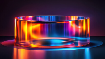 Reflective Glass Circle. Abstract glass circle reflecting vibrant rainbow hues against a dark backdrop, demonstrating dynamic lighting and modern design elements.