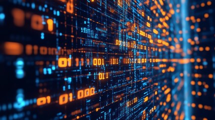 Abstract binary code wall, digital data stream, futuristic background, data visualization