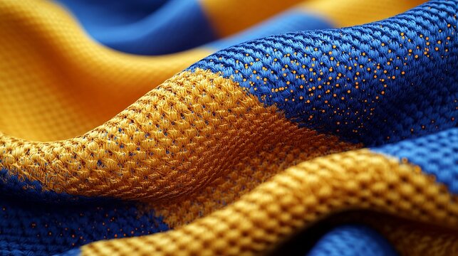 A close up shot of a blue and yellow fabric