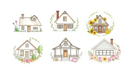 Cottagecore House Illustrations Cute Homes Floral Wreaths Sunflowers