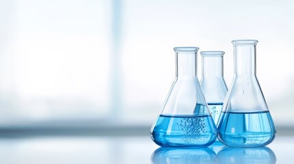 laboratory glassware with blue liquid, scientific research and chemistry experiment , perfect for medicine magazine 

