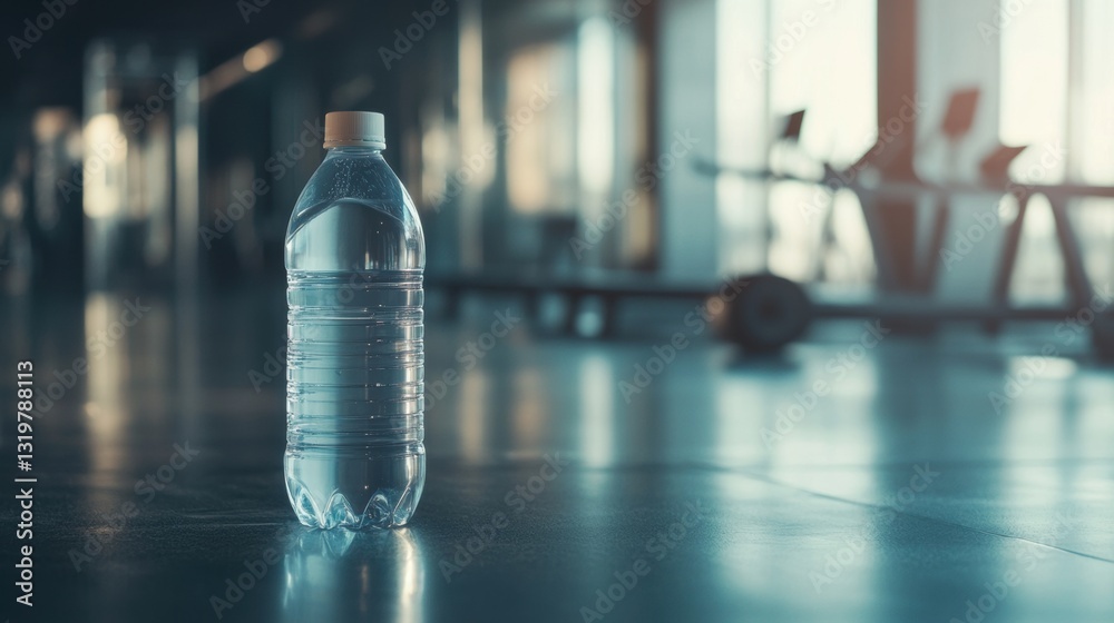 Poster Minimalist water bottle in gym setting with ample space for text and a clean design