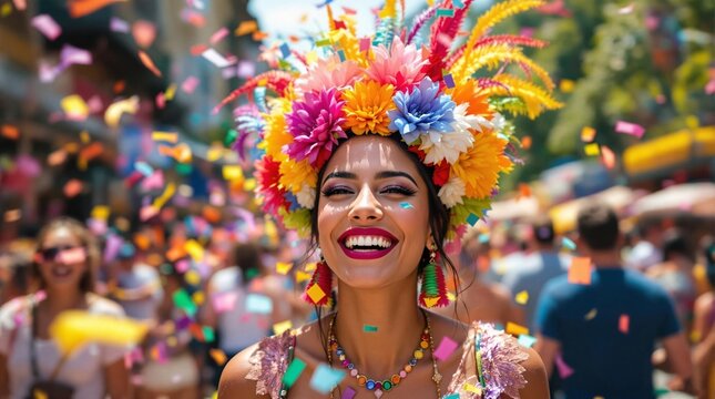  the joyous atmosphere of a carnival or street festival. A smiling woman, adorned with a vibrant, multi-colored headdress of flowers