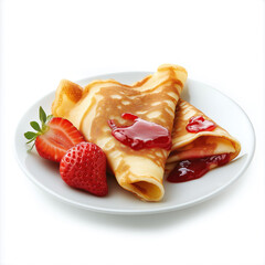 crepes with jam and strawberries on a white plate, isolated