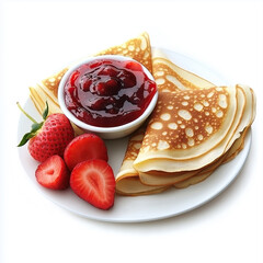 crepes with jam and strawberries on a white plate, isolated