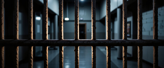 Close-up of a steel prison gate featuring dramatic lighting, security symbolism
