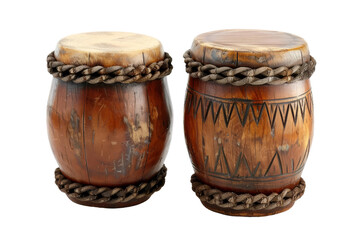 Vibrant set of bongo drums with polished wooden bodies and distinct heads isolated on transparent background