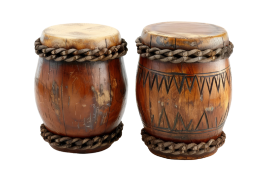 Vibrant set of bongo drums with polished wooden bodies and distinct heads isolated on transparent background