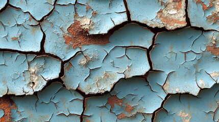 A close up of a cracked blue wall with peeling paint