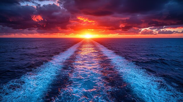 A view of the sun setting over the ocean from the back of a boat