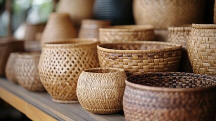 Obraz premium A close-up photograph of handmade baskets, showcasing the intricate weaving patterns and textures, highlighting the craftsmanship and detail involved in their creation